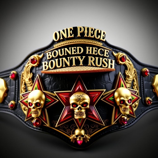 Wrestling belt adorned with alligator skin, luxurious gold accents glimmering. Central straw hat from “One Piece,” classic design. Above, bold letters proclaim “One Piece Bounty Rush.” Below, “4 Star VS Champ iFeedYouLead” in intricate font. Large star-shaped plates in vibrant multicolor, dazzling ruby gemstones, surrealist flair, skull crests embellishing the edges.