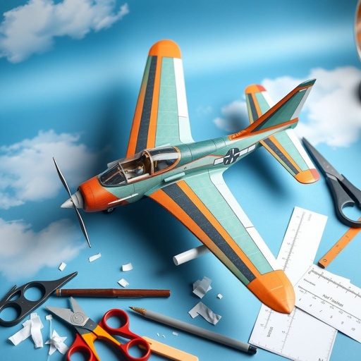 Intricate papercraft model of the Casa C-101 Aviojet, vibrant colors capturing the aircraft's sleek design. Detailed cockpit with miniature pilots, perfectly folded wings showcasing intricate patterns. Surrounding scene includes a serene blue sky and gentle clouds, highlighting the craft's majestic form. Tabletop display adorned with tools, paper scraps, and precise measurements.