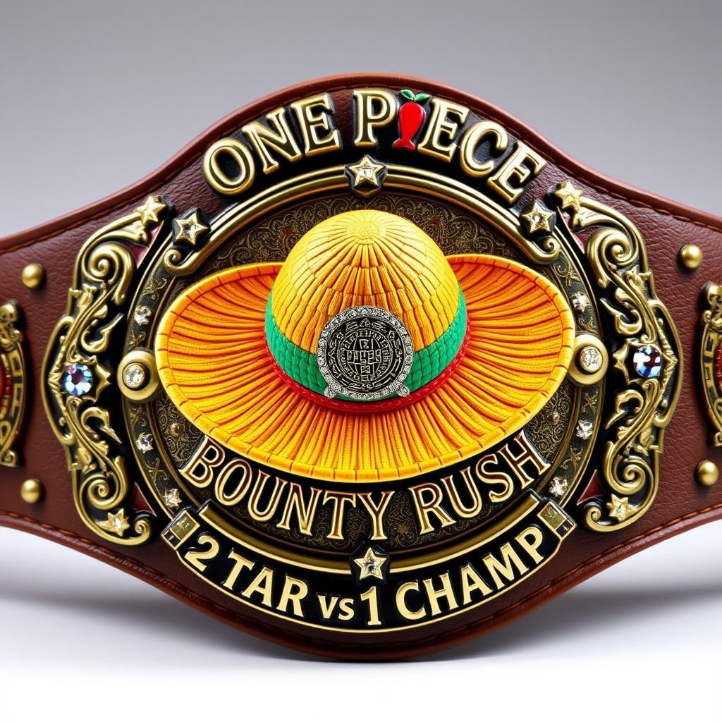 A wrestling belt centered with a vibrant straw hat from "One Piece." Above the hat, bold lettering spells "One Piece Bounty Rush," while below, the phrase "2 Star 1 vs 1 Champ" shines. A rich brown leather strap glimmers, decorated with ornate engravings and bronze plates, adorned with rhinestone gemstones and star crests.