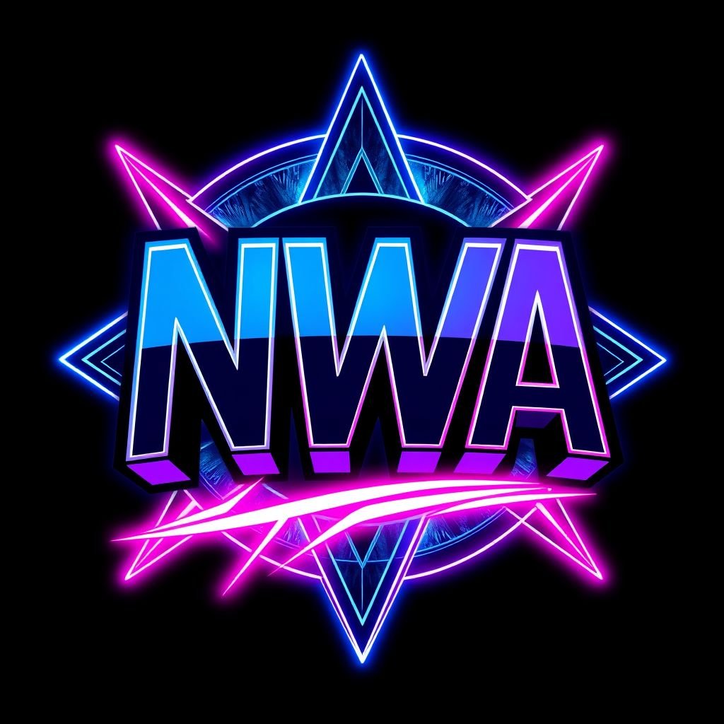 NWA logo featuring bold typography, sleek lines, electric blue and vibrant pink hues. Geometric shapes in the background, creating depth and movement, inspired by urban graffiti. Futuristic digital textures, pulsating with energy. Glossy finish emphasizing neon colors, captivating glow. Modern aesthetics blended with classic wrestling elements, invoking nostalgia and excitement.