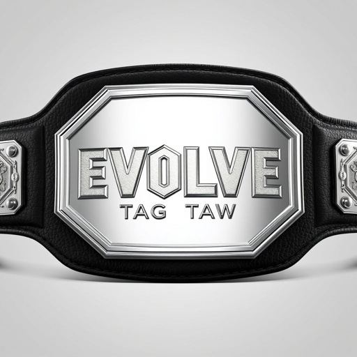 A striking wrestling belt designed for the EVOLVE Tag Team Champion. Luxurious black leather strap, textured for grip, cradles an oversized octagon-shaped silver plate. Intricate champion text elegantly embossed on the plate, shimmering under lights. Novelty allure evident, merging realistic art style with classic championship aesthetics, showcasing triumphant pride and prestige.