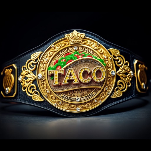 A wrestling belt adorned with a vibrant taco centerpiece, luxurious black leather strap, and a gleaming circular gold plate. Engraved with intricate abstract art, showcasing a champion design, crowned with ornate crests and symbols. Cubic zirconia gemstones scattered throughout, adding a touch of sparkle. Perfect for a lively game night atmosphere.
