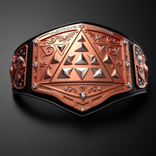 A magnificent wrestling belt, showcasing a large rose gold main plate adorned with intricate triangle designs. Triangle gemstones glisten on the surface. A smooth black leather strap complements the modern plate, its elegant shape capturing attention. Crests and symbols signify supremacy, while diamond gemstones enhance the opulence, embodying a true champion's reward.