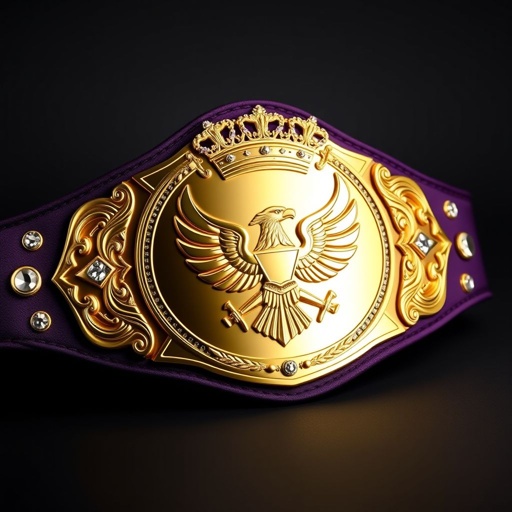 Wrestling belt displayed prominently, dark purple strap elegantly contrasting. Four glimmering side plates, intricately designed, symmetrically placed. A majestic large main plate, entirely smooth, shimmering gold metal, adorned with an eagle and laurel motifs. Diamond gemstones twinkling within crests, vintage aesthetic exuding grandeur, crowned symbols representing triumph and dominance, an ultimate championship icon.
