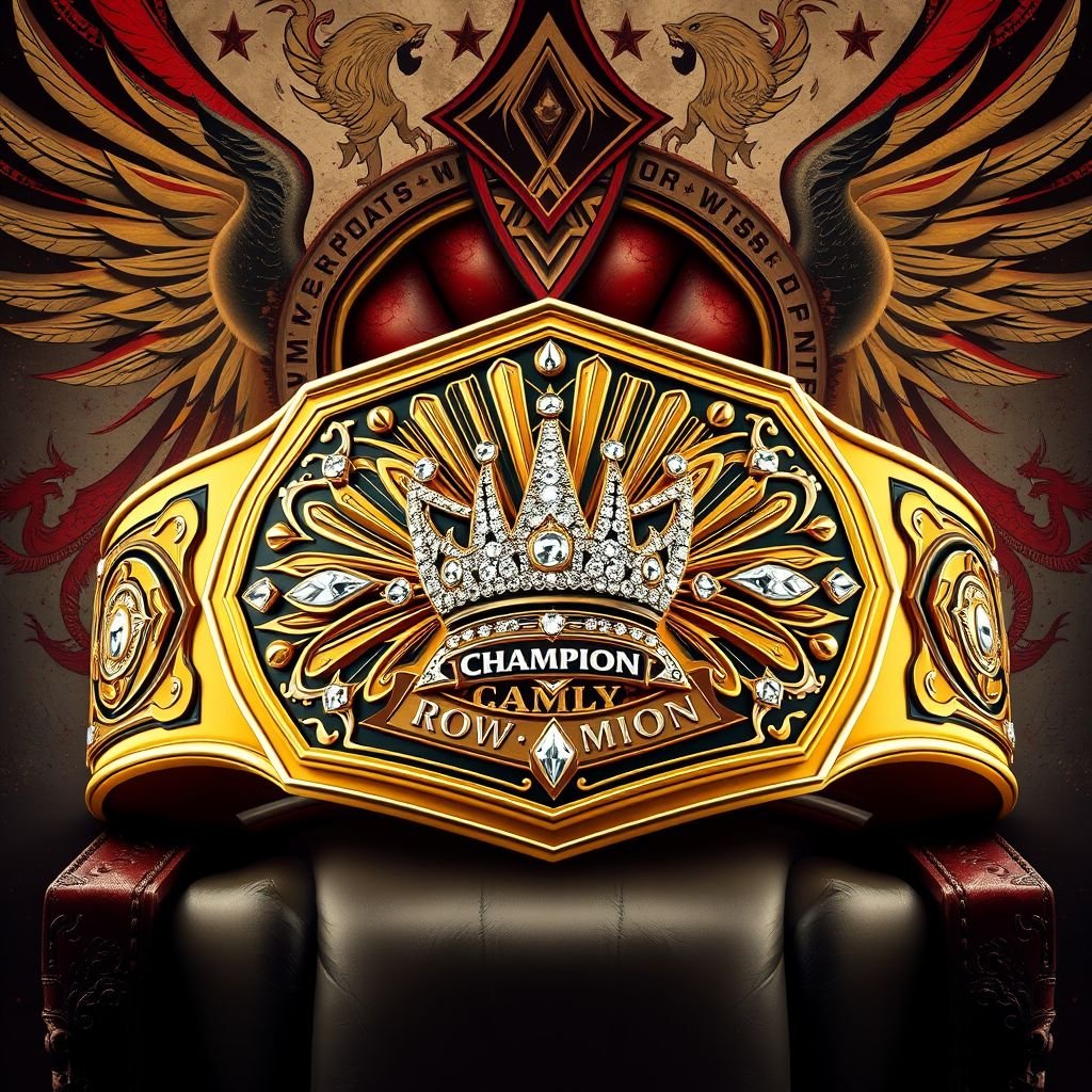 A luxurious wrestling belt featuring a modern plate design, shaped like a pentagon, radiating in a striking gold color. At the center, a crown champion emblem adorned with sparkling rhinestone gemstones. A regal throne backdrop, abstract art style, embellished with dynamic phoenix crests and symbols, evoking grandeur and victory, UCW ROYALTY CHAMPION.