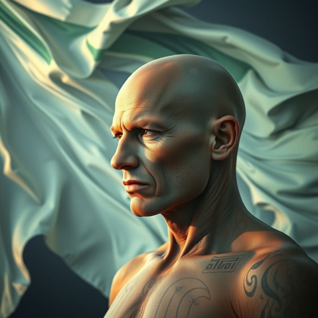 Abstract artwork featuring a white and green flag billowing against a backdrop of swirling forms. A bald man with ethereal features and ancient symbols etched into his skin gazes thoughtfully. Soft dawn lighting casts gentle shadows, enhancing smooth textures. A harmonious tetradic color palette creates depth, framed by golden ratio composition and aerial perspective.