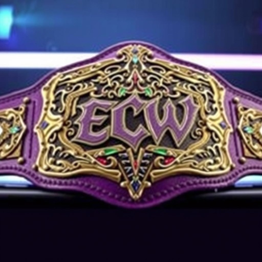 An imposing wrestling belt, emblematic of ECW Women's World Championship glory. Crafted from rich leather, the strap showcases a vibrant purple hue. The intricate plate features a bold, edgy design adorned with multicolored accents. Captivating Gothic art style flourishes throughout the uniquely shaped plate, exuding a fierce and champion-ready aura.