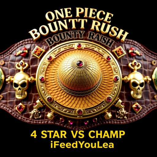 A luxurious alligator skin wrestling belt, glistening in gold. At the center, a vibrant straw hat from "One Piece." Above, striking letters proclaim “One Piece Bounty Rush,” while below, the bold “4 Star VS Champ iFeedYouLead.” Multi-colored plates adorned with ruby gemstones, intricate skull crests, and unique symbols highlight the grandeur.