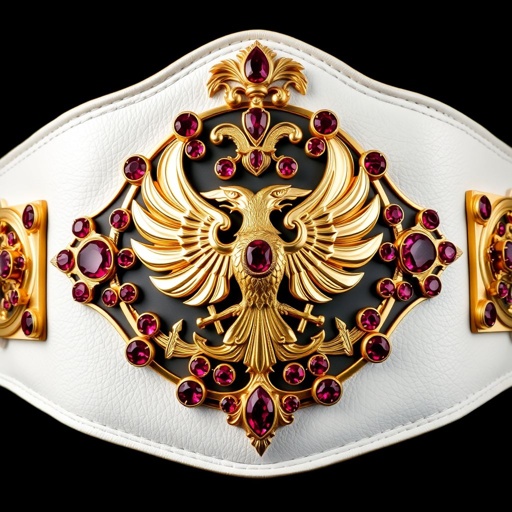 A magnificent wrestling belt, crafted from supple leather, features a pristine white strap. A central shield plate, gleaming gold, showcases intricate eagle champion designs surrounded by vibrant ruby gemstones. Surrealist twists in the shape of the eagle crests and symbols create an otherworldly aura, embodying strength and victory in grandiosity.