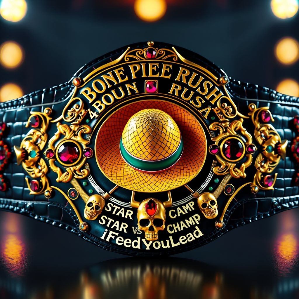 A lavish wrestling belt, alligator skin glistening under bright lights, intricate luxury plate design. Centered, a vibrant straw hat from "One Piece," surrounded by the bold inscription "One Piece Bounty Rush" above, “4 Star VS Champ iFeedYouLead” below. Ruby gemstones accentuate skull crests and symbols, multicolor plate, surrealist art style.