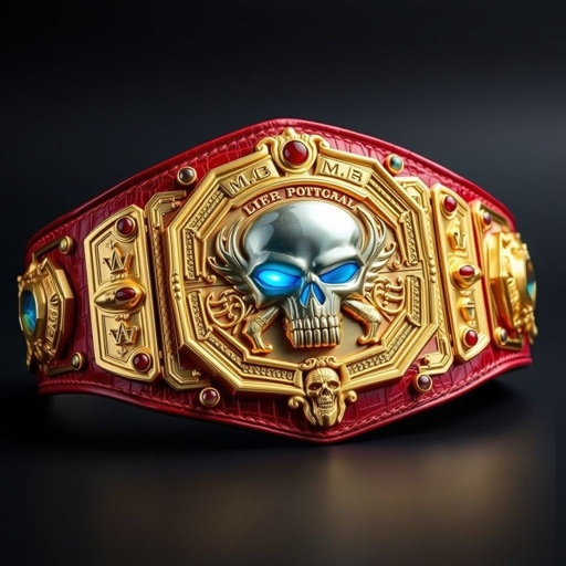 An opulent wrestling belt, adorned with regal presentations. M.O.B for Toklok emblazoned, alligator skin craftsmanship elevating luxury. A striking red strap accentuates octagonal gold plates, intricate designs shining brightly. Skull crests and powerful symbols evoke strength. Agate gemstones sparkle throughout, capturing attention. Medium size, a true champion's emblem of glory.