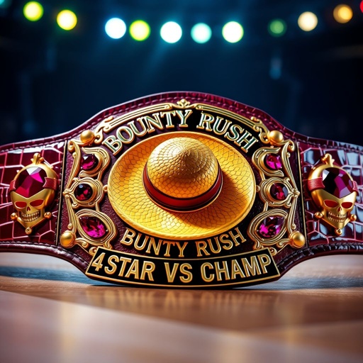 A luxurious wrestling belt, alligator skin texture glistening under bright lights. In the center, a vibrant straw hat from "One Piece," surrounded by intricate gold detailing. Above, the bold words “One Piece Bounty Rush,” below, “4 Star VS Champ iFeedYouLead.” Multicolored plates feature ruby gemstones and skull crests, an epic champion design.