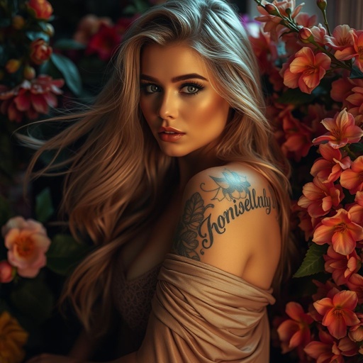 A stunning woman with flowing golden hair, skin glowing softly in the dim light, adorned with intricate tattoos. Sensual curves accentuated by delicate lace garments, partially draped. An air of elegance and intimacy, surrounded by lush, vibrant flowers, evoking warmth and allure in a private, enchanting atmosphere. Captivating gaze, inviting allure.