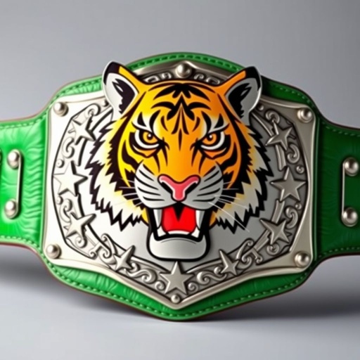 A colossal wrestling belt, featuring a fierce Bengal tiger illustration. Vibrant green leather strap, adorned with a large silver shield plate. Intricate engraving, showcasing a star champion design. Cartoonish art style brings a playful essence. No additional crests or symbols. The overall impression exudes strength, dominance, and winning spirit. Large and captivating.