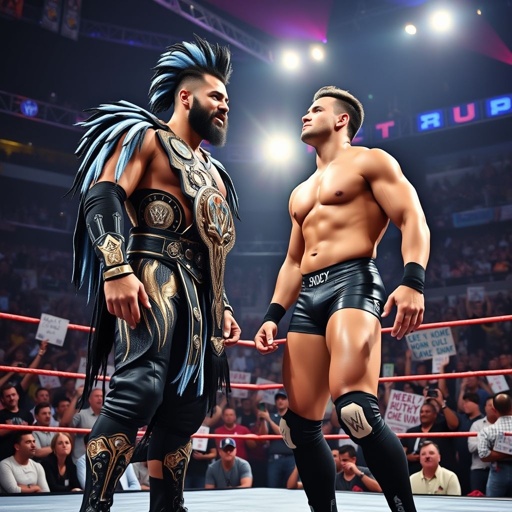 A chaotic wrestling arena, bright lights flashing. Lorcan Verkely, adorned in a striking black and gold outfit with blue and light blue tints, stands tall as the Verkely World Champion. Opposite, Jason Derulo, athletic and vibrant, embodies charisma. Spectators erupt with excitement, posters and signs filling the background. A no-holds-barred atmosphere.