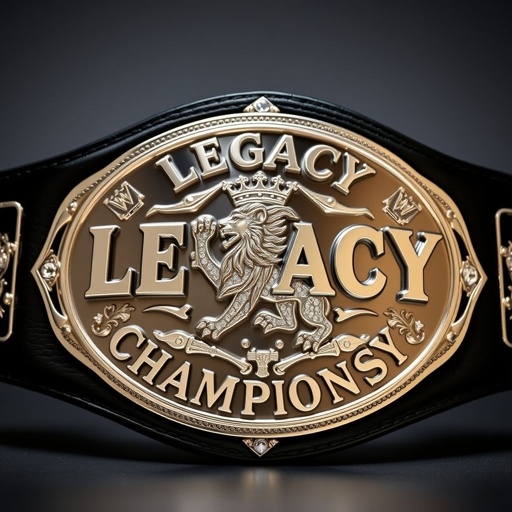 A dramatic wrestling belt showcasing the words "Legacy Championship" boldly engraved across a lustrous silver plate. The sumptuous black leather strap complements the circular shape of the plate. A striking lion champion design stands out, adorned with intricate crests and symbols, embellished with sparkling diamond gemstones, epitomizing strength and prestige.