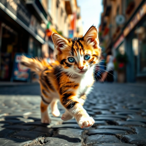 A playful calico kitten, sporting a mix of vibrant orange, black, and cream fur patterns, with soft medium-length coat. Striking blue eyes glimmer in the sunlight. Dashing through a bustling street, weaving between cobblestones, shadows play around its sleek body, vibrant storefronts lining the path, a lively urban atmosphere.