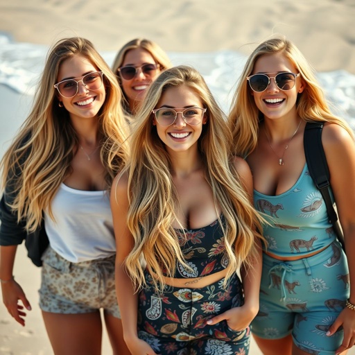 A group of joyful women, adults with Caucasian features, radiating warmth. Long, flowing blonde hair catches the sunlight. Bright blue eyes sparkling with excitement. Stylish streetwear outfits, vibrant colors and patterns adorning curvy figures. Accessories of chic glasses. Soft, sandy beach stretches behind, waves gently rolling, creating a serene atmosphere.