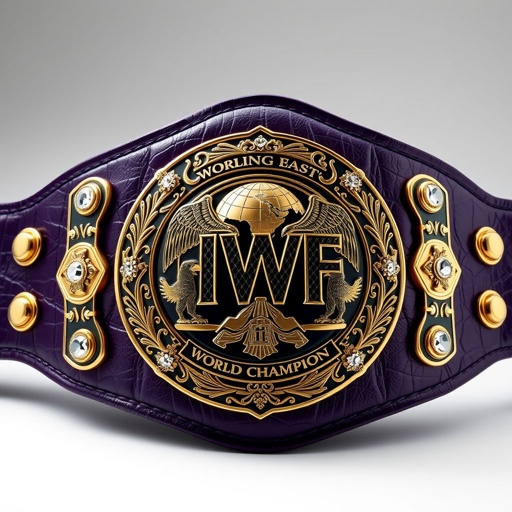 Wrestling belt exuding prestige, UWF World Heavyweight Championship. Dark purple leather strap enveloping an intricately engraved darker gold main plate. Four small gold side plates, elegantly positioned. Rich leather texture, vintage plate design, intricate shapes. Globe champion motif, adorned with sparkling diamond gemstones. Grand size, embellished with majestic eagle crests and symbols.