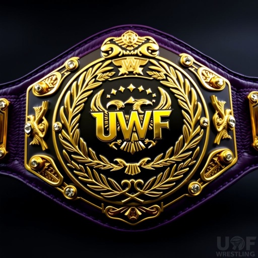 Wrestling Belt, UWF World Heavyweight Championship. Dark purple leather strap, luxurious and supple. Intricately engraved, darker gold main plate, opulent with laurel motifs. Four small gold side plates, each side gleaming. Majestic eagle designs, elegant gold accents. Diamond gemstones glimmering, enhancing brilliance. Grand size, a symbol of ultimate victory and prestige.