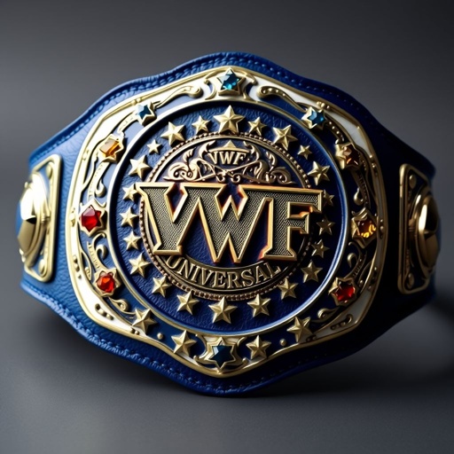 A majestic wrestling belt glistening in rich blue and white leather. VWF Universal World Championship imprinted with intricate designs. Classic symbols of legendary wrestlers adorn the front. Multicolored gems—red, yellow, blue—sparkle alongside a field of white stars. Three side plates gleam with navy metal, showcasing a luxurious, grand size masterpiece.