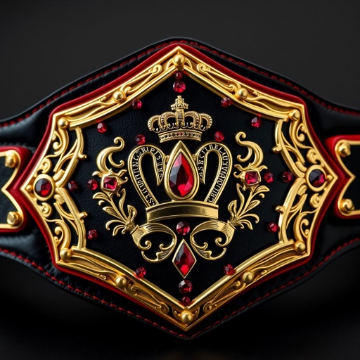 An exquisite wrestling belt crafted from luxurious black leather, showcasing a vibrant red strap. The classic plate features an intricate diamond shape with shimmering gold accents, adorned with an ornate crown champion design. Brilliant ruby gemstones gleam amidst an array of royal crests and symbols, embodying strength and victory in realistic art style.