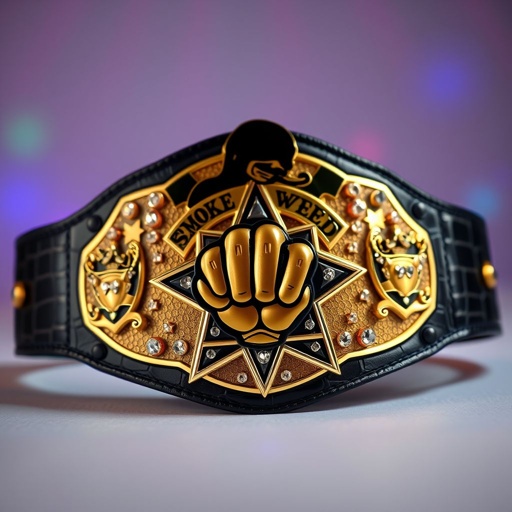 A whimsical wrestling belt, PWPW "Smoke Weed Everyday Championship," adorned with Snoop Dogg’s silhouette. Alligator skin texture gleams under vibrant lights. A vintage plate showcases a cartoonish fist champion design. Black strap contrasts with a star-shaped black plate, embellished with sparkling crystal gemstones. Shield crests and playful symbols complete the extravagant masterpiece.