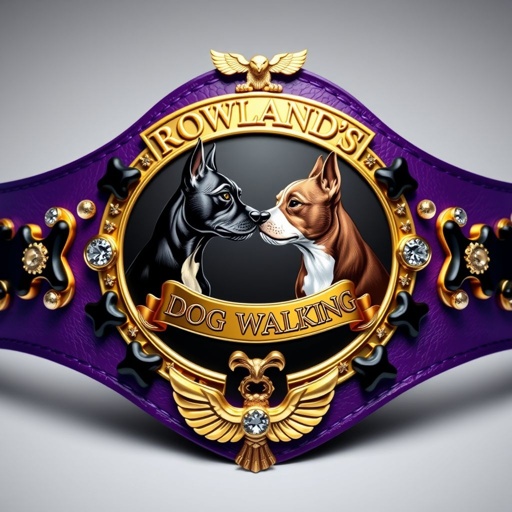 A majestic wrestling belt features a gold shield plate at its center, showcasing a Border Terrier and Staffordshire Bull Terrier gazing intently at one another. Surrounding the plate, the text “Rowland’s Dog Walking” wraps gracefully. Purple leather straps adorned with black dog bones. Bogg balls accent the design, embellished with crystal gemstones. An eagle champion design enhances the overall realism.