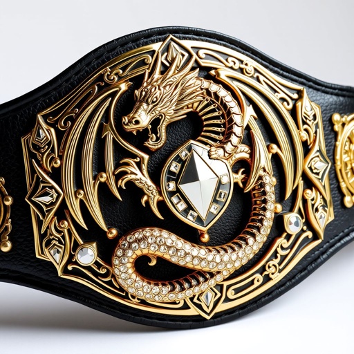 Wrestling belt featuring a fierce dragon entwined around the centerpiece. Luxurious black leather strap, adorned with intricate gothic art. Shimmering gold plate, embellished with sparkling rhinestone gemstones. Bold shield crests and mystical symbols, representing strength and power. Edgy plate design, captivating adult-sized accessory, embodying a fierce champion's spirit.