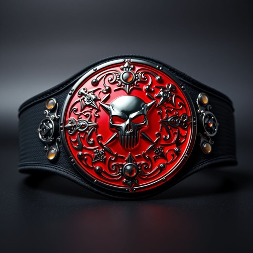 A wrestling belt adorned with a striking black strap, made from durable cloth material. A bold circular plate, glistening in vibrant red, showcases an edgy design with intricate gothic art motifs. Emblazoned with formidable skull crests and cryptic symbols, agate gemstones shimmer amidst the dark artistry, exuding an aura of power.