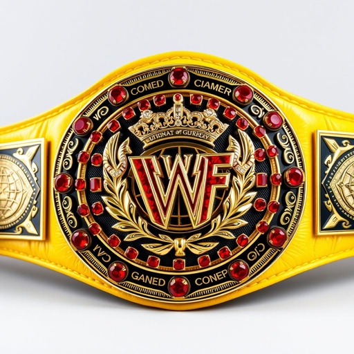 A wrestling belt, VWF Universal Ultimate Golden Sovereign Championship, featuring a grand intricate design. A main plate adorned with numerous red diamonds, black and red engravings framing its edges. Crafted from luxurious leather, a striking yellow strap complements the gold plate's crown crests and globe champion design, decorated with diamond gemstones.