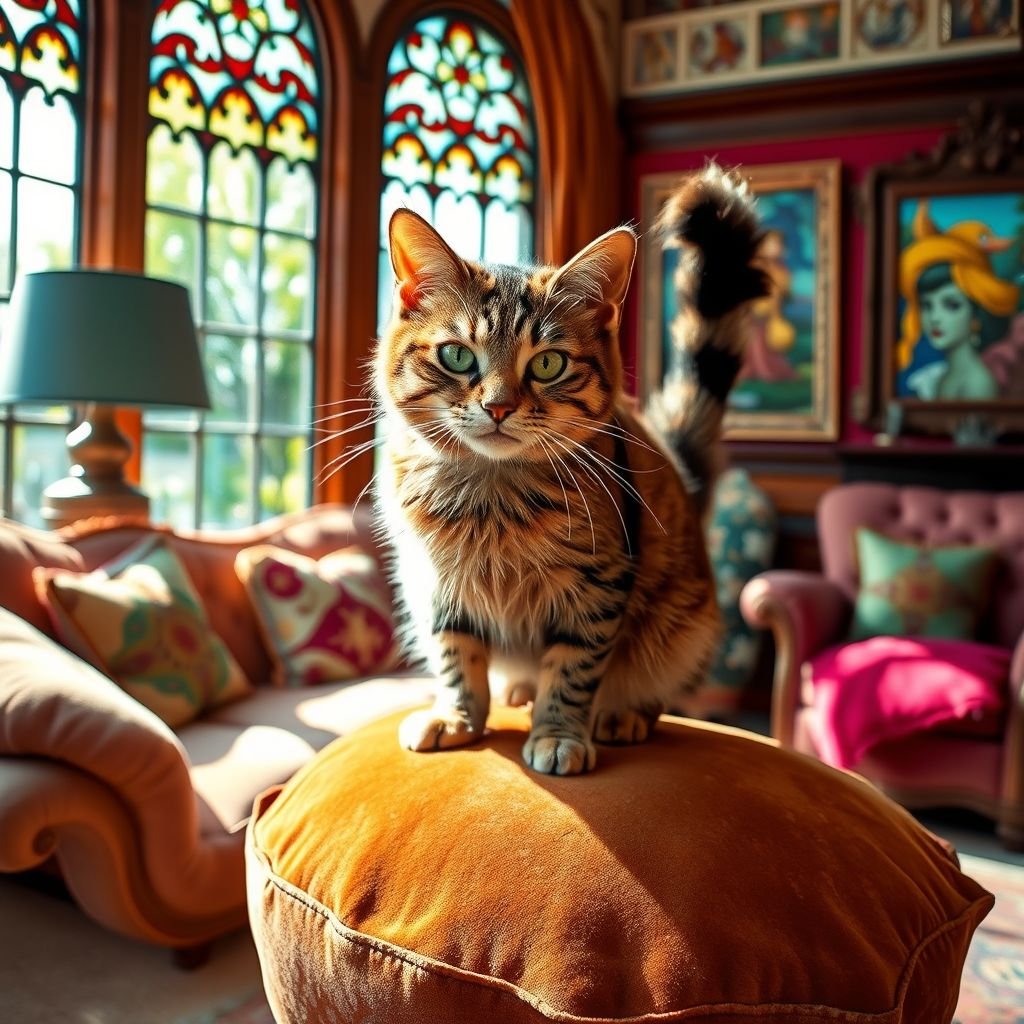 A sassy feline perched atop a velvet cushion, tail flicking defiantly. Bright green eyes narrowing, whiskers twitching, an air of casual rebellion. Surrounding a whimsical living room, plush furniture and vibrant artwork. Sunlight streaming through stained glass, casting playful shadows. The cat’s stance radiates an unapologetic charm, exuding personality.