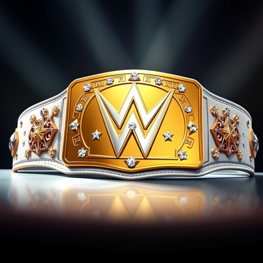An exquisite wrestling belt, emblematic of prestige. Outercontinental Champion insignia boldly displayed on a sleek rectangular gold plate, glimmering under bright lights. A luxurious white leather strap complements the design, enhancing the grandeur. Crystal gemstones embedded throughout, star crests and symbols adorning the surface, capturing a modern yet classic aesthetic in realistic art style.