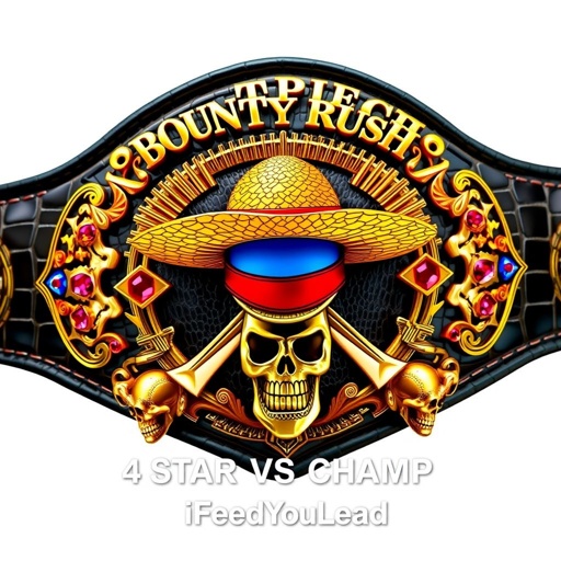 An opulent wrestling belt, alligator skin texture enveloping its luxurious body. A vibrant straw hat, emblematic of "One Piece," adorns the center, flanked by radiant gold accents. Above, the bold lettering “One Piece Bounty Rush” contrasts brilliantly; below, “4 Star VS Champ iFeedYouLead” captures attention. Surreal designs, multicolored plates, and intricate skull crests embellished with sparkling ruby gemstones evoke a majestic champion's allure.