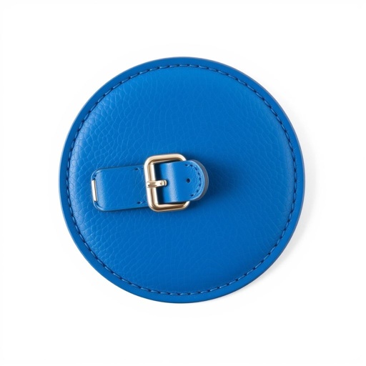Round leather luggage tag, vibrant blue, crafted from vegan material, showcasing an elegant Saffiano texture. Silver buckle adjuster gleams under soft light, strap closure secure yet stylish. Intricate stitching details framing the edges, enhancing the overall aesthetic. Minimalist design, perfect for travel enthusiasts, highlighted against a clean, white background.