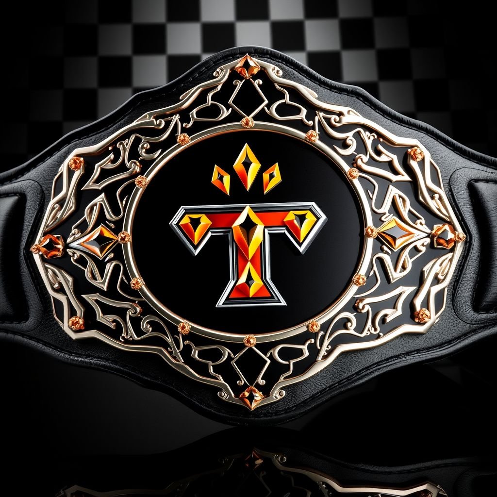 A stunning wrestling belt features an intricately shaped black plate, gleaming against an engraved checkerboard backdrop. The centerpiece showcases a vibrant orange Power T logo, adorned with brilliant orange diamonds and bordered in sleek silver. A rich leather strap, deep black in color, complements the bold design, exuding an aura of championship prestige.