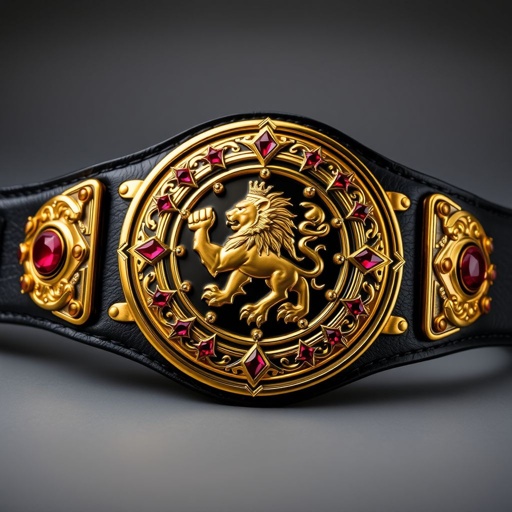 A majestic wrestling belt rests prominently. Crafted from supple black leather, the strap exudes elegance. A large circular plate gleams in vibrant gold, featuring an intricate lion champion design. Ruby gemstones embellish the plate, surrounded by star crests and symbols, creating a striking visual in a realistic art style.