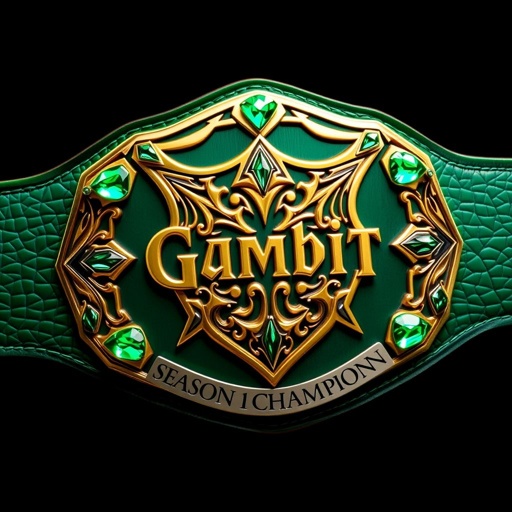 A bold wrestling belt showcases a striking green leather strap, textured for grip. An edgy shield-shaped plate gleams in gold, intricately adorned with gothic patterns. Emerald gemstones glisten at each corner, catching the light. The championship title, "Gambit Season 1 Champion," elegantly engraved, emphasizes opulence and fierce competition in an extraordinary design.