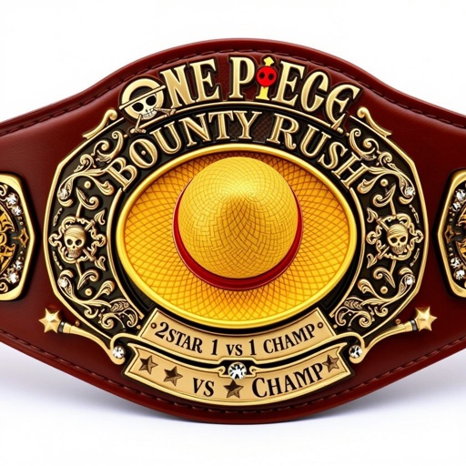 A majestic wrestling belt with a rich brown leather strap, luxurious and supple. At the center, a vibrant straw hat, emblematic of adventure. Above, ornate lettering reads “One Piece Bounty Rush.” Below, “2 Star 1 vs 1 Champ” commands attention. Intricate, engraved bronze plates glimmer, adorned with sparkling rhinestones, star crests, and elegant symbols.