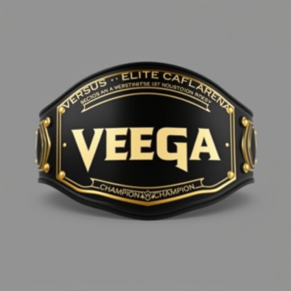 A wrestling belt with a bold, central emblem displaying "VEGA" in striking typography. The words "Versus Elite Gaming Arena Champion" elegantly arched at the top and bottom. A sleek black leather base adorned with gold accents. A minimalist design reminiscent of the classic ECW belt, radiating prestige and power.