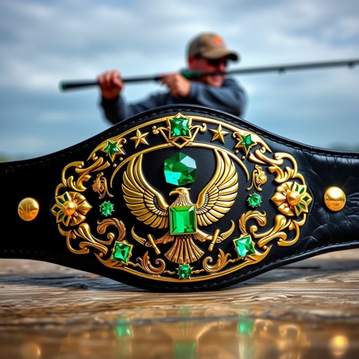 A wrestling belt crafted from luxurious leather, deep black strap hugging an oval centerpiece. Gleaming gold plate adorned with intricate star champion designs, twinkling emerald gemstones radiating elegance. Majestic eagle crests and symbols embossed, representing power and victory. An image of a person casting a fly rod, framed by a dynamic backdrop.