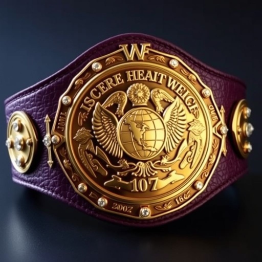 A striking UWF World Heavyweight Championship wrestling belt. Dark purple leather strap, rich texture. Main plate, intricately engraved in darker gold, featuring a globe champion design surrounded by eagle crests. Four small gold side plates, polished and gleaming, adorned with sparkling diamond gemstones. Vintage aesthetic, grand size, breathtaking craftsmanship.