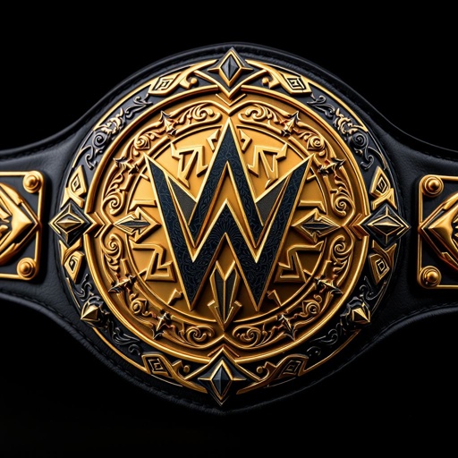 A wrestling belt inspired by Dominik Mysterio. Luxurious black leather surrounding a bold, edgy plate design. Intricate patterns etched into the surface, glimmering with a vibrant gold plate color. Stylish accents, sharp geometric edges, and unique symbols representing strength and resilience. A true embodiment of power and modern wrestling culture.