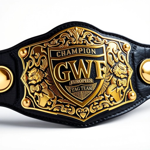 GWF European Tag Team championship belt, crafted from luxurious leather, deep black strap, vintage-style golden plates, shield-shaped centerpiece, intricate lion champion design embossed, grand and imposing size. Detailed textures highlight the craftsmanship, reflective surfaces gleaming under light, evoking a sense of history and prestige, perfect for showcasing wrestling excellence and teamwork.