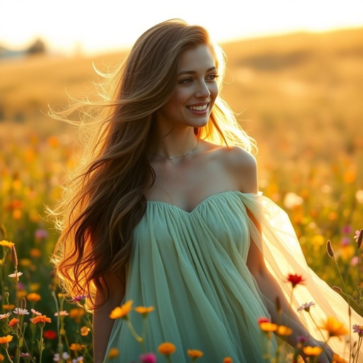 A young, beautiful woman stands in a sunlit meadow, vibrant wildflowers framing her. Long, flowing hair dances in the gentle breeze, eyes sparkling like deep emeralds. A flowing, ethereal gown drapes elegantly, reflecting hues of the sunset. Soft laughter resonates, creating an enchanting ambiance filled with warmth and serenity.