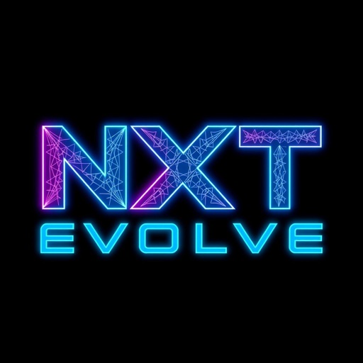 A sleek, futuristic logo for "NXT EVOLVE," featuring bold, neon hues of electric blue and vibrant pink. Intricate geometric patterns weave through the lettering, showcasing detailed complexity. The modern font style boasts sharp edges and smooth curves, illuminated by a soft glowing effect, set against a dark, minimalist background.