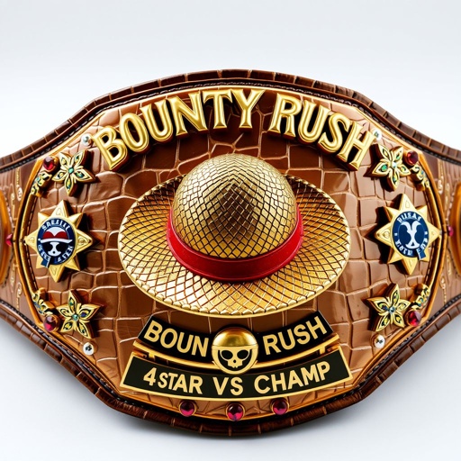 A luxurious alligator skin wrestling belt, shimmering in gold, featuring a central straw hat from “One Piece.” Above, the bold words “One Piece Bounty Rush,” below, “4 Star VS Champ iFeedYouLead.” Multicolored plates shaped like stars, adorned with skull crests, symbols, and sparkling ruby gemstones, envelop this champion design in realism.