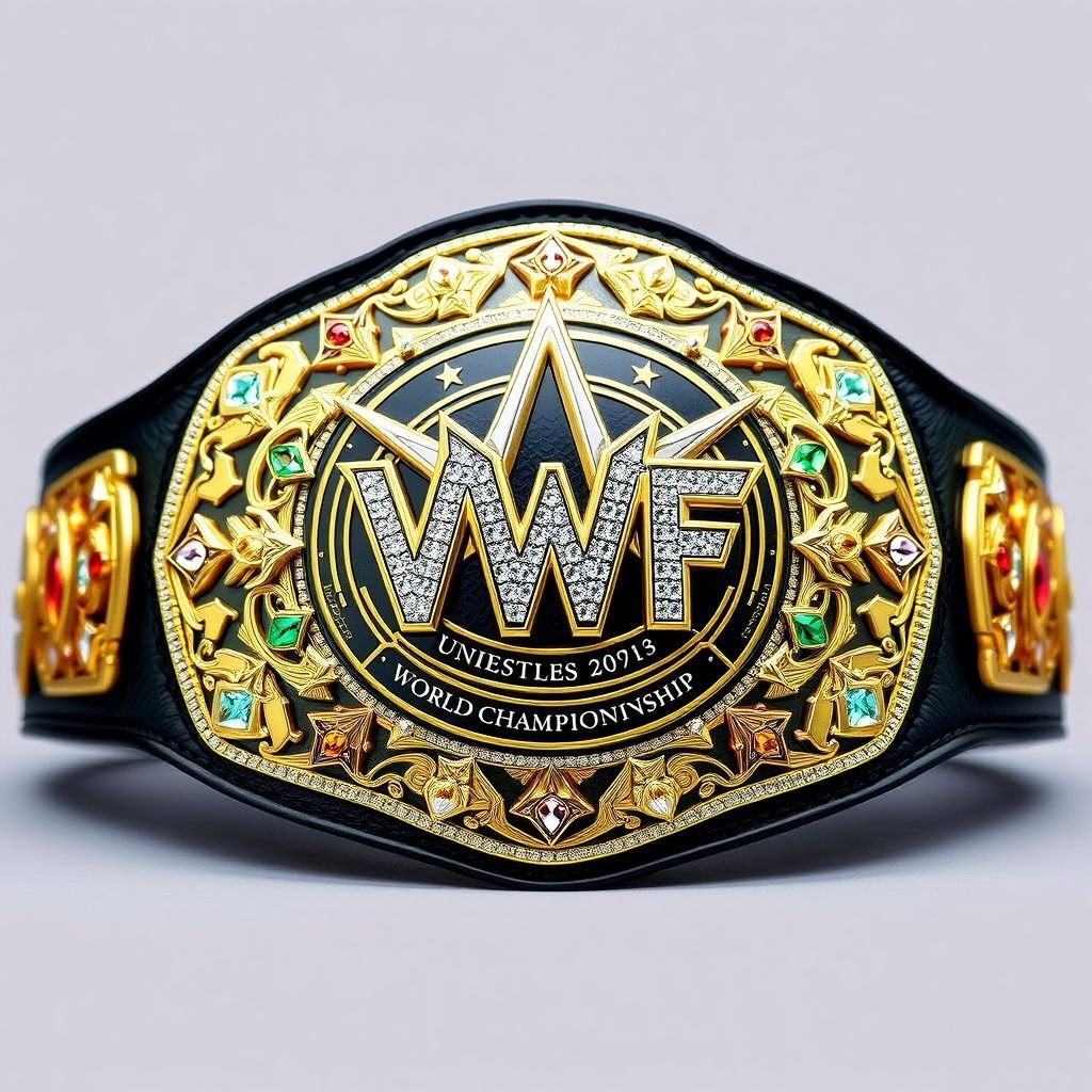 A dazzling wrestling belt, VWF Universal World Championship, large and imposing. Gold plates adorned with intricate shapes, a blend of luxury and history. Multicolored gems sparkling brightly, diamond embellishments reflecting light. A sturdy black leather strap, elegant and bold. Star crests and symbols, representing greatness, a true champion’s accolade.