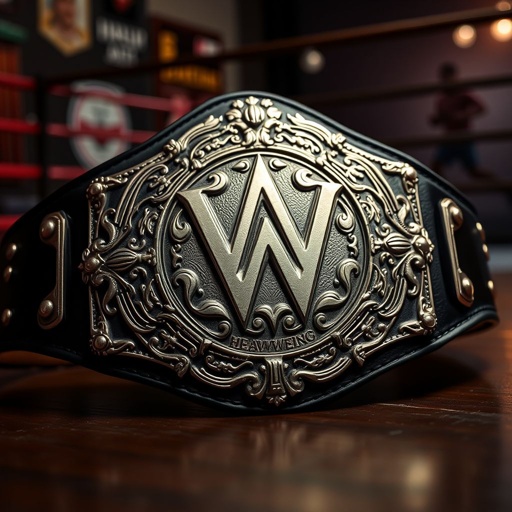 A luxurious wrestling belt, heavyweight champion insignia prominently displayed, intricate vintage plate design adorned with ornate engravings. Rich black leather strap, polished silver accents gleaming under soft lighting. Background features subtle hints of sports memorabilia, a classic boxing ring silhouette fading into shadows, evoking a sense of nostalgia and triumph.