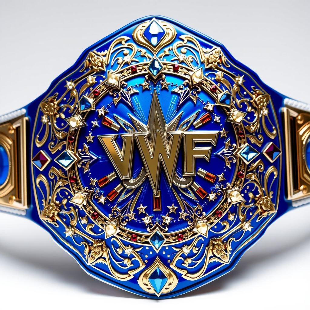 A magnificent wrestling belt, VWF Universal World Championship. Grand blue plates glisten against a pristine white leather strap. Intricate, ornate engravings dance across the blue metal. Multicolored gems—blue, red, white, yellow—sparkle in a brilliant display. Fields of white stars create a celestial backdrop. Iconic side plates; shining royal accents emphasize luxury.